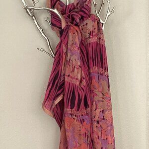 Red, rose, lavender, beige flowered scarf shawl, very large, 44" x 88"